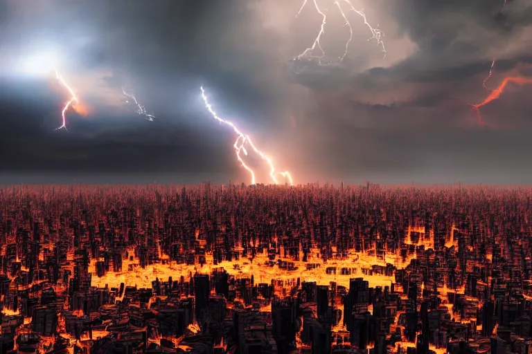 Image similar to a photo of a cloud made of fire and lightning looming over a dystopian city, photorealistic, 8 k