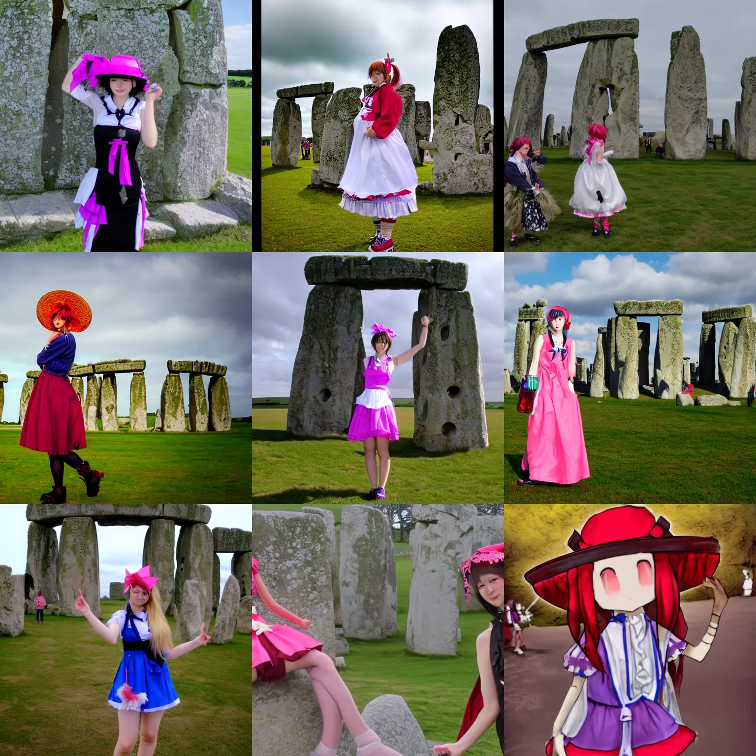 Prompt: Touhou project girl at stonehenge