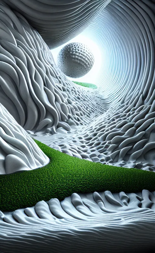 Image similar to highly detailed ultra sharp 3 d render cinematic composition of a smooth ceramic porcelain magnolia stone nebula biomorphic fluid fractal sci - fi surreal architecture landscape, metallic, white marble, foliage, vincent callebaut composition, mamou - mani, archviz, beautiful lighting, 8 k, unreal engine, hdr,