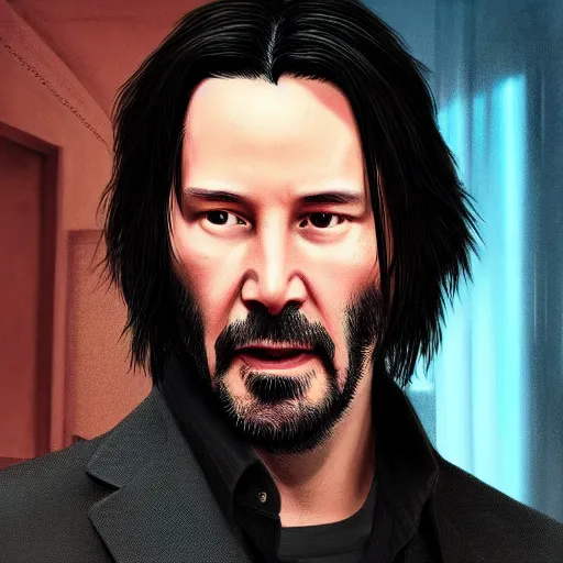 Image similar to keanu reeves if he was a character on a GTA loading screen, au naturel, hyper detailed, digital art, trending in artstation, cinematic lighting, studio quality, smooth render, unreal engine 5 rendered, octane rendered, art style by klimt and nixeu and ian sprigger and wlop and krenz cushart