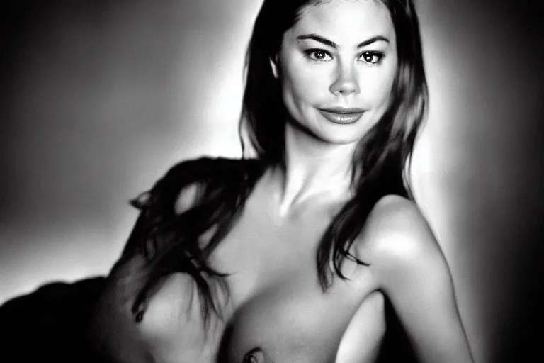 Prompt: sexy seductive little smile sophia vergara, a high contrast hyper detailed black and white studio portrait photo, shot in area x from the movie annihilation, by beau brashares, pinhole photography