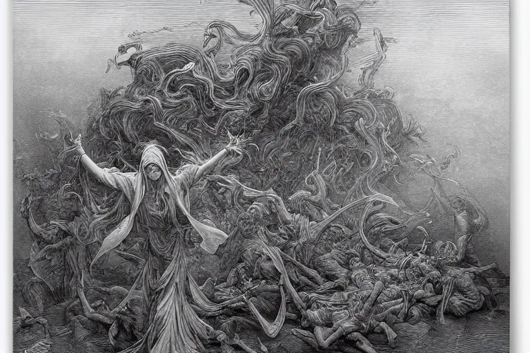 Prompt: the oracle of death rising from a cyclone of smoke and ashes by gustave dore by james jean
