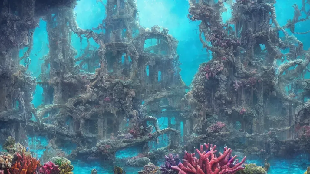 Prompt: Trending on artstation, beautiful underwater ruins, coral reef, detailed matte painting, oil on canvas