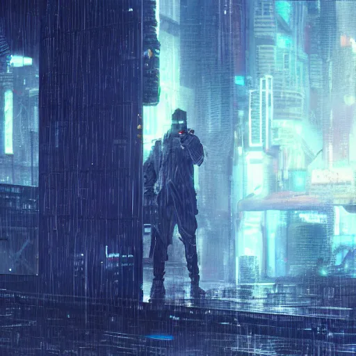 Image similar to a man holding a gun in a cyberpunk city the background is the cyberpunk city and it's raining close - up shot by greg rutkowski