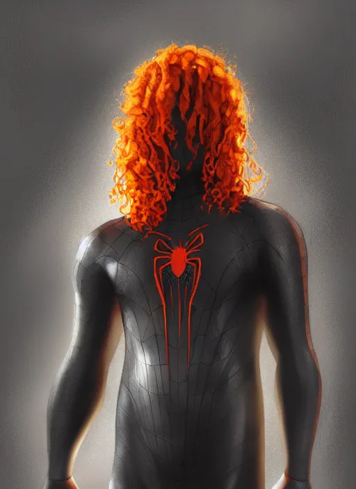 Image similar to illustration of curly orange hair man from mervel's spider man : miles morales, au naturel, hyper detailed, digital art, trending in artstation, cinematic lighting, studio quality, smooth render, unreal engine 5 rendered, octane rendered, art style by klimt and nixeu and ian sprigger and wlop and krenz cushart and marvel