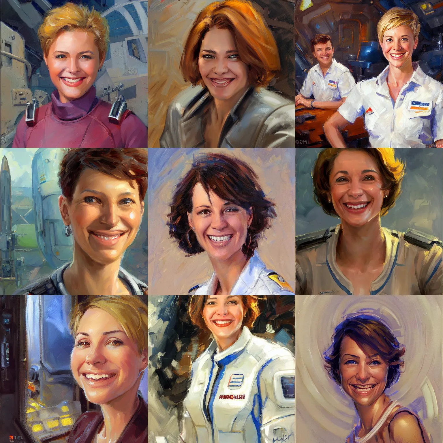 Prompt: starship engineer with short hair, female, optimistic smile, candid, sci fi character portrait by Michael Garmash, Donato Giancola