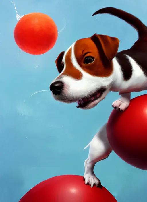 Image similar to adorable jack russel terrier jumping over a red exercise ball, fantasy art, artstation character design contest winner, trending on cgsociety, concept art, speedpaint, beautiful digital art, jesper ejsing, james jean, justin gerard, fenghua zhong, makoto shinkai, highly detailed