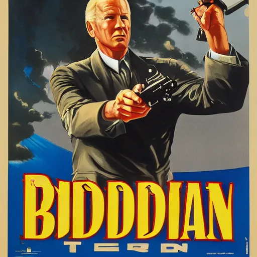 Image similar to propaganda poster of joe biden pointing gun directly at camera in james bond movie, closeup of gun, visible barrel and grip by j. c. leyendecker, bosch, lisa frank, jon mcnaughton, and beksinski