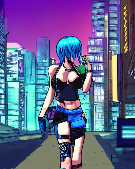 Image similar to cel shaded art of a pretty blue haired girl, jet grind radio graphics, cyberpunk city street background