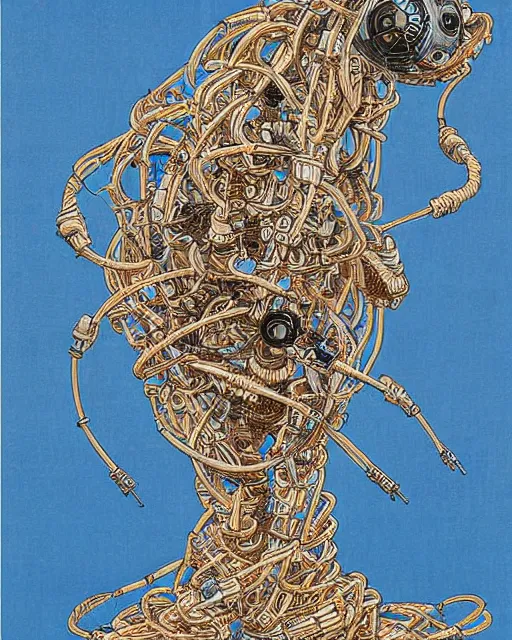 Image similar to Hokusai portrait of a robot saint made of cables and robotic pod by James Jean