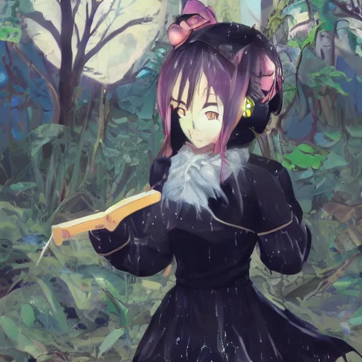 Prompt: render of a very kawai 3d anime girl, wearing fluffy black scarf, long dress, black long curly hair, watery eyes, cat ears, in the magical forest, medium shot, mid-shot, highly detailed, trending on Artstation, Unreal Engine 4k