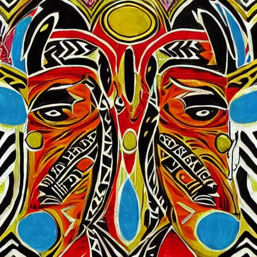 Prompt: Abstract expressionist painting detailed intricate patterns of African tribal masks