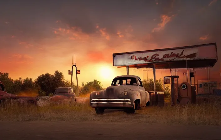 Image similar to A sunset light landscape with historical route66, abandoned gas station, old rusty pickup-truck, lots of sparkling details and sun ray’s, blinding backlight, smoke, volumetric lighting, octane, 35 mm, beautiful reflections, heavenly, softlight
