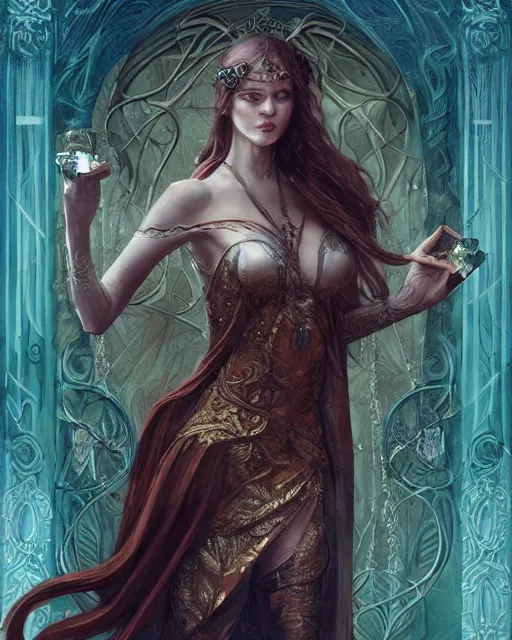 Image similar to tarot card, high priestess, Art nouveau, intricate, elegant, highly detailed, concept art, sharp focus, beautiful face, by bastien deharme, Brom, trending on Artstation