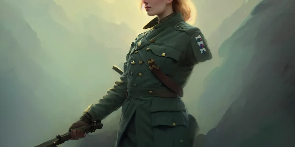 Image similar to a beautiful nordic woman, blue eyes, wearing a world war 1 uniform, extremely detailed digital painting, in the style of fenghua zhong and ruan jia and jeremy lipking and peter mohrbacher, mystical colors, rim light, beautiful lighting, 8 k, stunning scene, raytracing, octane, trending on artstation