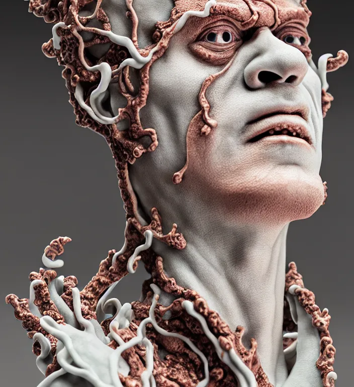 Prompt: Frankenstein , A Close up photo-real delicate ceramic porcelain sculpture of a symmetrical ornate detailed in front of an intricate background by Victo Ngai and takato yamamoto, micro detail, backlit lighting, face in focus, subsurface scattering, translucent, thin porcelain, octane renderer, colorful, physically based rendering, japanese pottery, trending on cgsociety