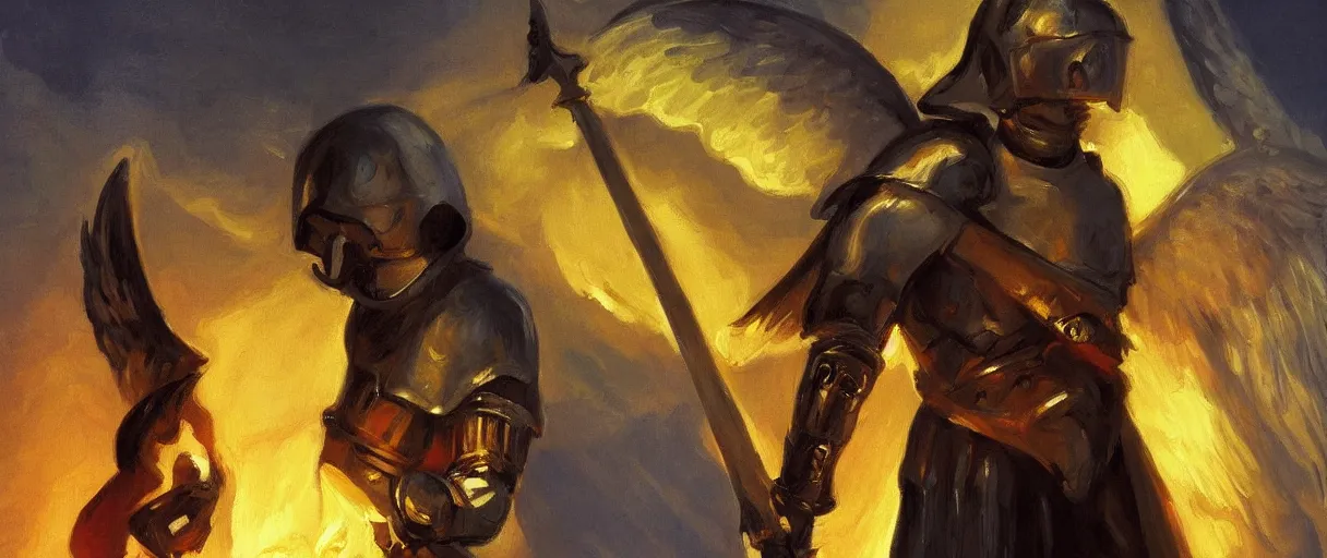 Image similar to a knight in a hall with an angel wing holding a sword of fire, digital oil painting, style of John singer Sargent, heroic, cinematic, indoor, warm lighting, godrays,