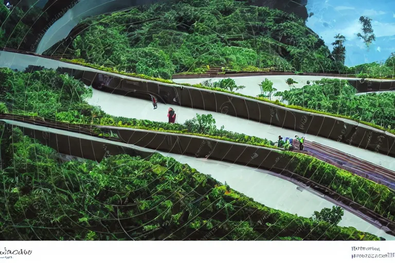 Prompt: an optimistic futuristic landscaped streams and wide conveyor belts, isometric contours - the main method of transport for people is to swim but some people stand on the conveyor belt, pop motifs, by ghibli, cannabis land