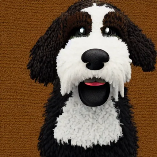 Image similar to a closeup photorealistic illustration of a smiling knitted bernedoodle judge dog dressed in a black gown, presiding over the courthouse. scales of justice and a gavel in the scene. this 4 k hd image is trending on artstation, featured on behance, well - rendered, extra crisp, features intricate detail, epic composition and the style of unreal engine.