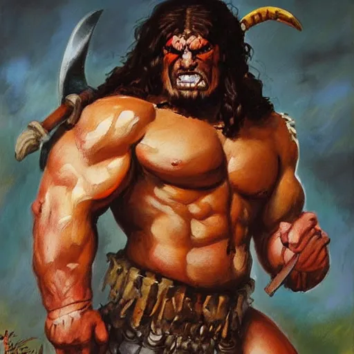 Prompt: painting of a barbarian muscled warrior in the style of frank frazetta and simon bisley