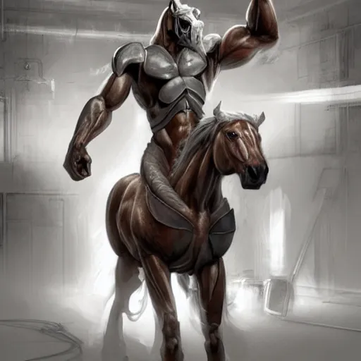 Image similar to an enormously muscular anthro horse test subject in a research facility wearing a skintight body armor having steroids injected into him, long white mane, equine, anthro art, furaffinity, highly detailed, digital painting, artstation, concept art, illustration, art by artgerm, greg rutkowski, ruan jia