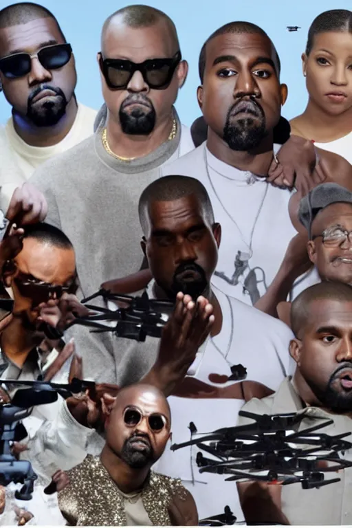 Prompt: kanye west in dream fantasy world surrounded by 8 drones