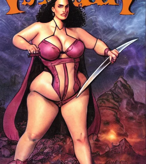 Prompt: 1 9 8 0 s fantasy novel book cover, bbw plus size amazonian natalie portman in extremely tight bikini armor wielding a cartoonishly large sword, exaggerated body features, dark and smoky background, low quality print