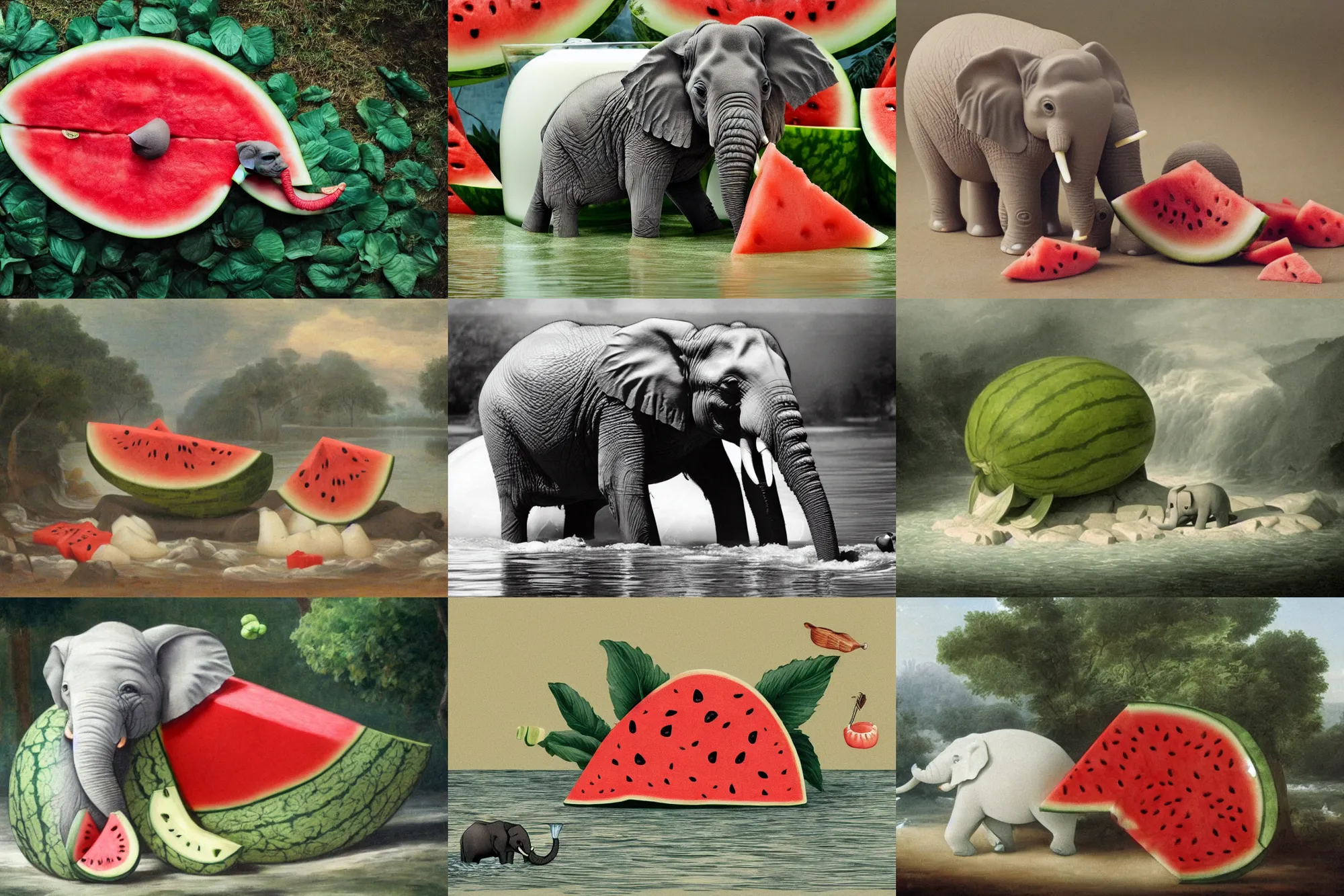 Prompt: a small elephant sits in a watermelon peel and swims in a river of white milk, white water