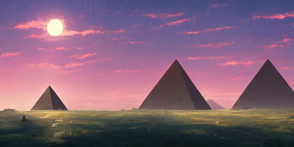 Prompt: a stunning dresert landscape with a pyramid in the distance by makoto shinkai