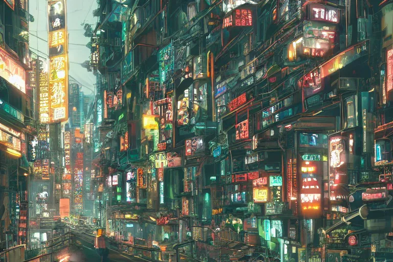 Prompt: A beautiful eye-level view of a cyberpunk city street in a Japanese rainforest, trending on artstation, artstation futurism, artstation digital, artstation neon, soft, golden lighting, 4k, 8k