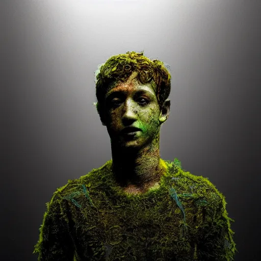 Image similar to Award-winning photograph by Cindy Sherman. The photo depicts a decaying roman bust of Mark Zuckerberg overgrown with moss at the bottom of the sea in the middle of ruins of civilization. Far shot. Minimalism, high definition, perfect composition. Deep sea picture. Very dark. Volumetric Lighting. Fish. Darkness. Ruins. Far Shot
