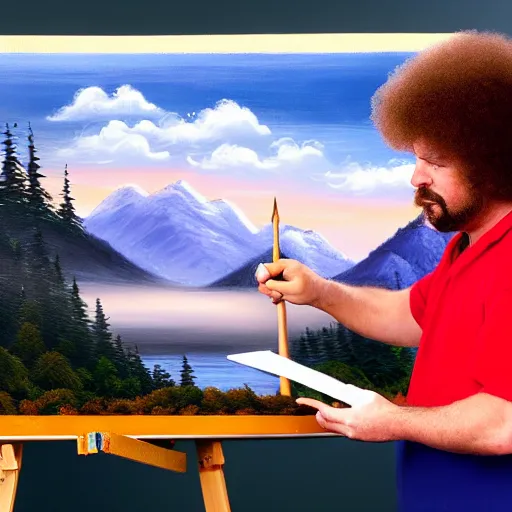 Image similar to a closeup photorealistic photograph of bob ross putting the finishing touches on a canvas painting of kenny powers. mountains and trees. film still. brightly lit scene. this 4 k hd image is trending on artstation, featured on behance, well - rendered, extra crisp, features intricate detail, epic composition and the style of unreal engine.