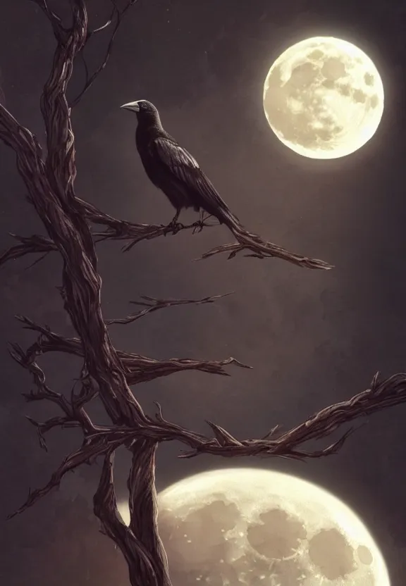 Image similar to crow on tree in front of the full big moon, highly detailed, digital painting, artstation, concept art, smooth, sharp focus, illustration, Unreal Engine 5, 8K, art by artgerm and greg rutkowski and alphonse mucha