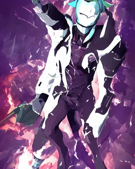 Image similar to persona 3 main character merged with Thanos persona, SMT Persona 3, Digital Devil Saga, character design, dramatic illustration by Kazuma Kaneko and Ross Tran, trending on ArtStation, ultra HD, 8k