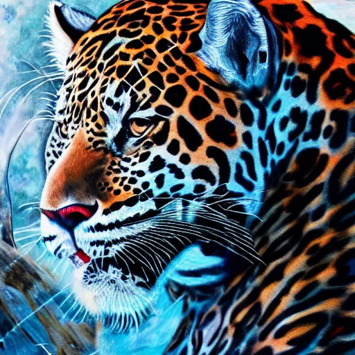 Image similar to an intricated and detailed painting of a shaman turning into a jaguar 4 k render