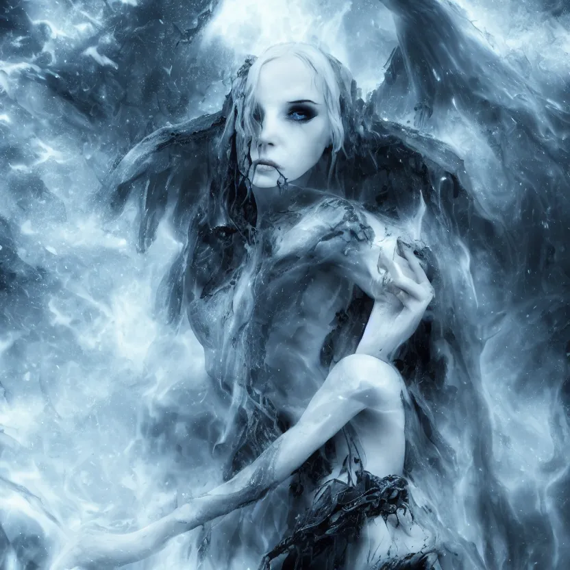 Prompt: stunning otherworldly Gothic goddess of fire ice dark and mysterious, atmospheric, ominous, eerie, cinematic, Epic, 8k, 4k, ultra detail, ultra realistic, rendered by awesomeness