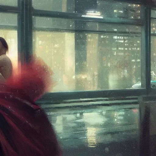 Image similar to detailed portrait of a woman, moment, chillwave elevated train, electronic billboards, tech noir, wet reflections, atmospheric, ambient, livia prima, greg rutkowski, edward hopper, pj crook