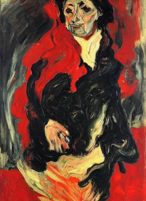 Image similar to an oil portrait of crooked meaty woman in a black fury coat and red dress, dark rich background, a sophisticated composition, in expressive style of Chaim Soutine and Frank Auerbach and Van Gogh, complimentary palette