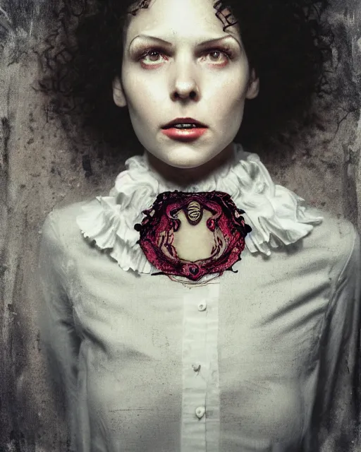 Prompt: an instant photo of a beautiful but creepy young woman in layers of fear, with haunted eyes and curly hair, wearing a vivienne westwood choker, 1 9 7 0 s, seventies, wallpaper, moorland, a little blood, moonlight showing injuries, delicate embellishments, painterly, offset printing technique, by mary jane ansell