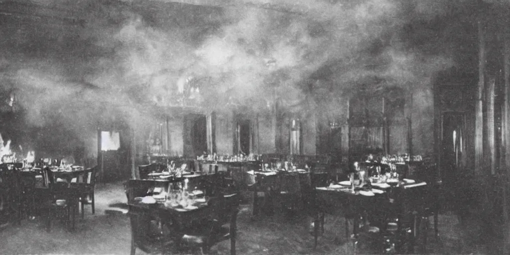 Image similar to the interior of a luxury restaurant that is burning while odd monsters appear in the background, 1 9 0 0 s photograph