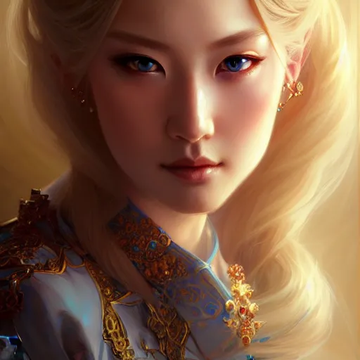 Image similar to elegant Chinese princess, D&D, blue eyes, blonde hair, fantasy, intricate, elegant, highly detailed, digital painting, artstation, concept art, smooth, sharp focus, illustration, art by artgerm and greg rutkowski and alphonse mucha