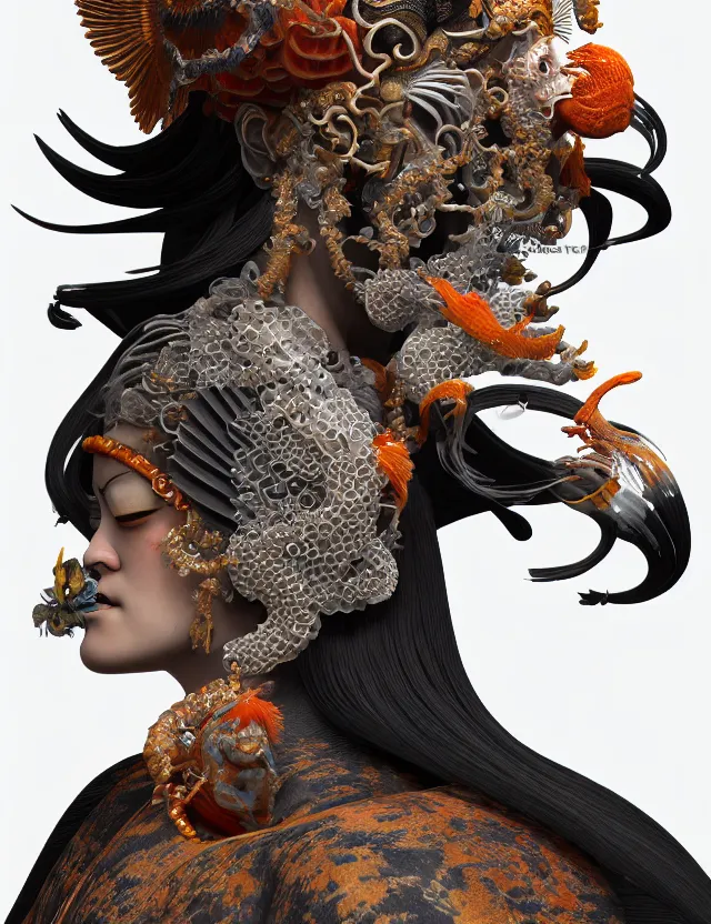 Image similar to 3 d goddess in robe close - up profile portrait with ram skull. beautiful intricately detailed japanese crow kitsune mask and clasical japanese kimono. betta fish, jellyfish phoenix, bio luminescent, plasma, ice, water, wind, creature, artwork by tooth wu and wlop and beeple and greg rutkowski