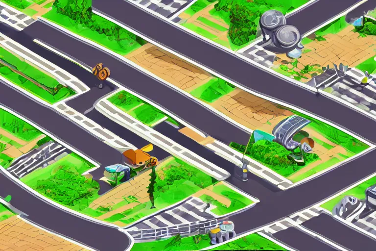 Prompt: an optimistic futuristic street layout landscaped with two - way streams and wide conveyor belts, isometric conveyor belt, pop motifs, by ghibli, cannabis land