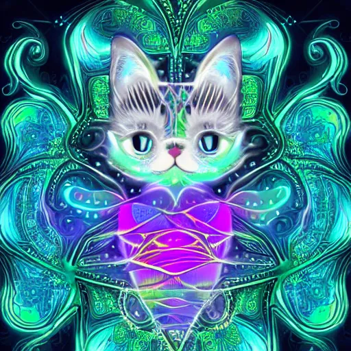 Image similar to concept character colorful fractal cute cat glowing luminescent detailed filigree on black background detailed