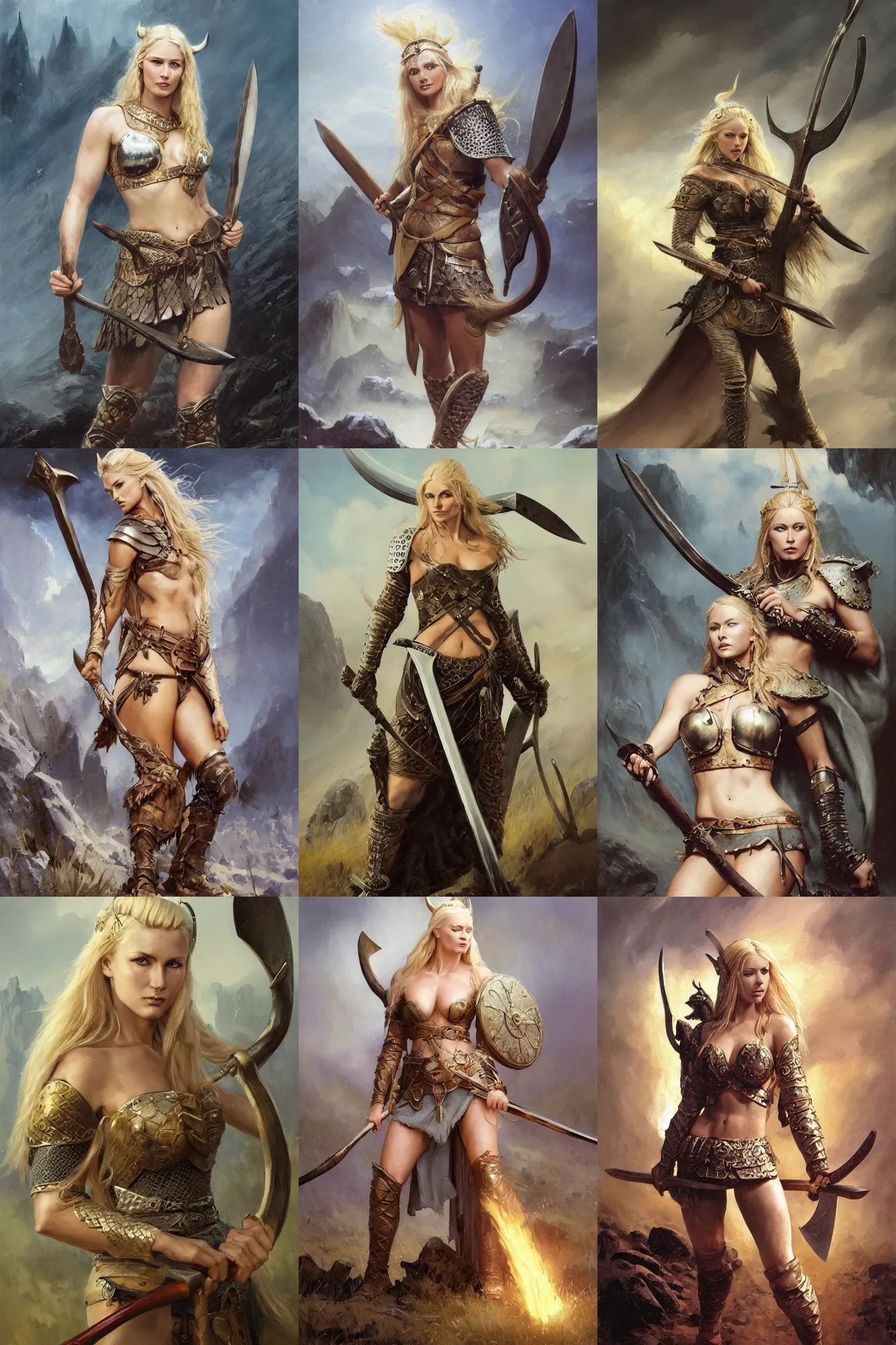 Prompt: An oil painting of a beautiful blonde viking woman posing with an axe on a smoldering battlefield, dragon scale armor, very aesthetic, detailed face, by Frank Frazetta, Greg Rutkowski, Boris Vallejo, Neal Hanson, Christian MacNevin, epic fantasy character art, goddess of war, goddess of anger, high fantasy, full length, exquisite detail, post-processing, low angle, masterpiece, cinematic, colossal dragon in background