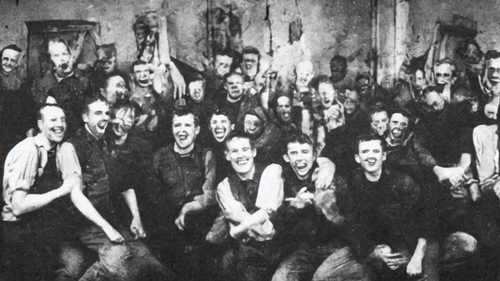 Prompt: Group of lads having a great time in an asylum