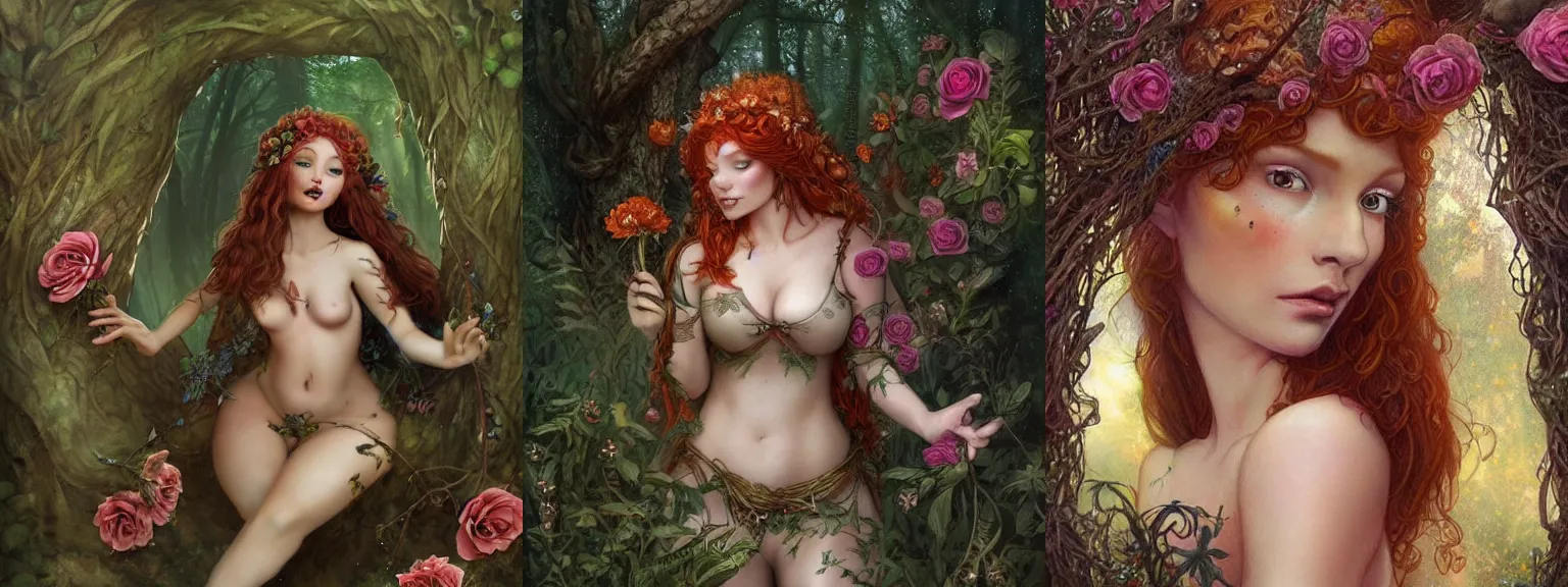 Prompt: beautiful cottagecore chubby redhead faerie woman, exotic fey features, intricate, tanned skin, braided hair with roses, magical forest, stunning, highly detailed, digital painting, artstation, concept art, smooth, sharp, focus, illustration, art by brian froud and greg rutkowski and rebecca guay