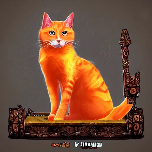 Image similar to orange pirate cat sitting on a throne made of swords, digital art, trending on artstation