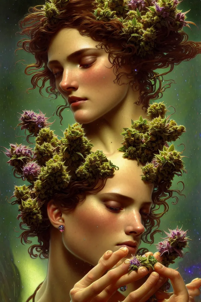 Prompt: epic scale cinematic character concept cinematic 4 k perfect focus closeup macro photography of a marijuana bud showing crystals and trichomes, densely packed buds of weed, high times photography by greg rutkowski alphonse mucha alex grey hr giger artgerm cgsociety artstation by greg rutkowski alphonse mucha android jones max chroma