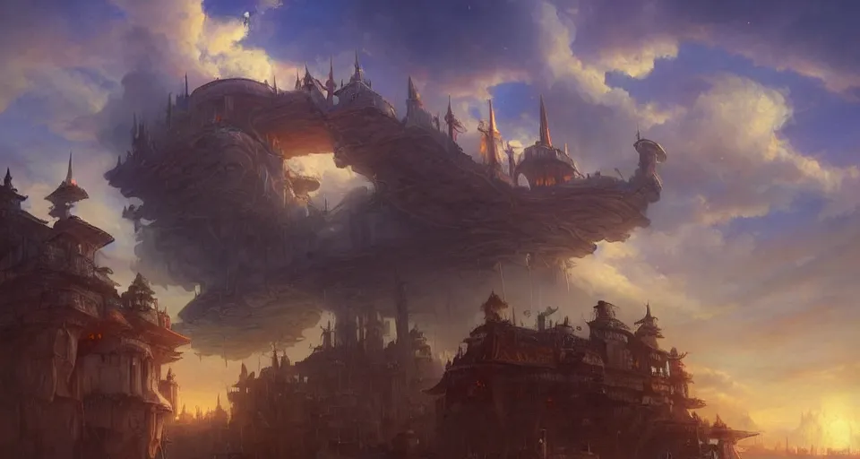 Prompt: landscape an fantasy town in the sky and an skyship flying towards it, andreas rocha